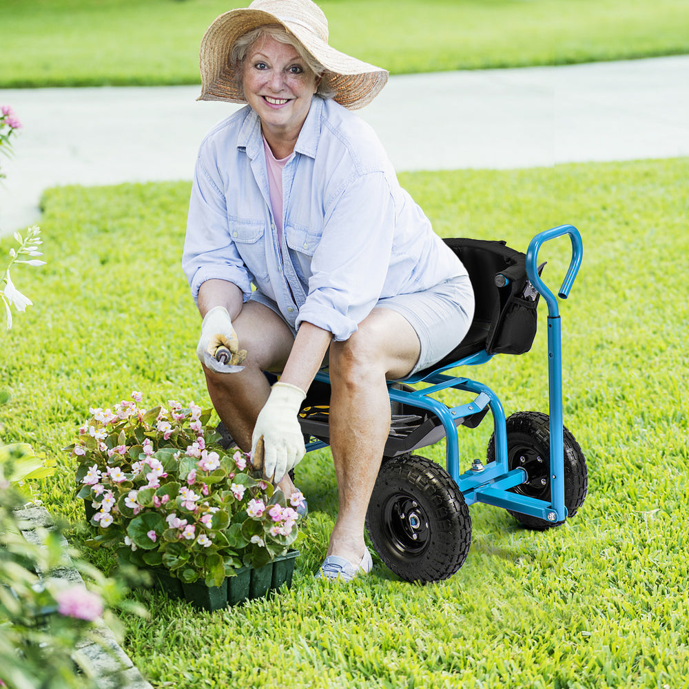 Cushioned Rolling Garden Cart Scooter with Storage Basket and Tool Pouch-Blue - Gallery View 1 of 10