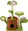 Flower-shaped padded perch on the green cat tree, featuring a cozy condo and scratching post for indoor cat activities.