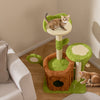 Cat tree activity center in green with flower perch, trunk condo, and scratching post for indoor play and relaxation.