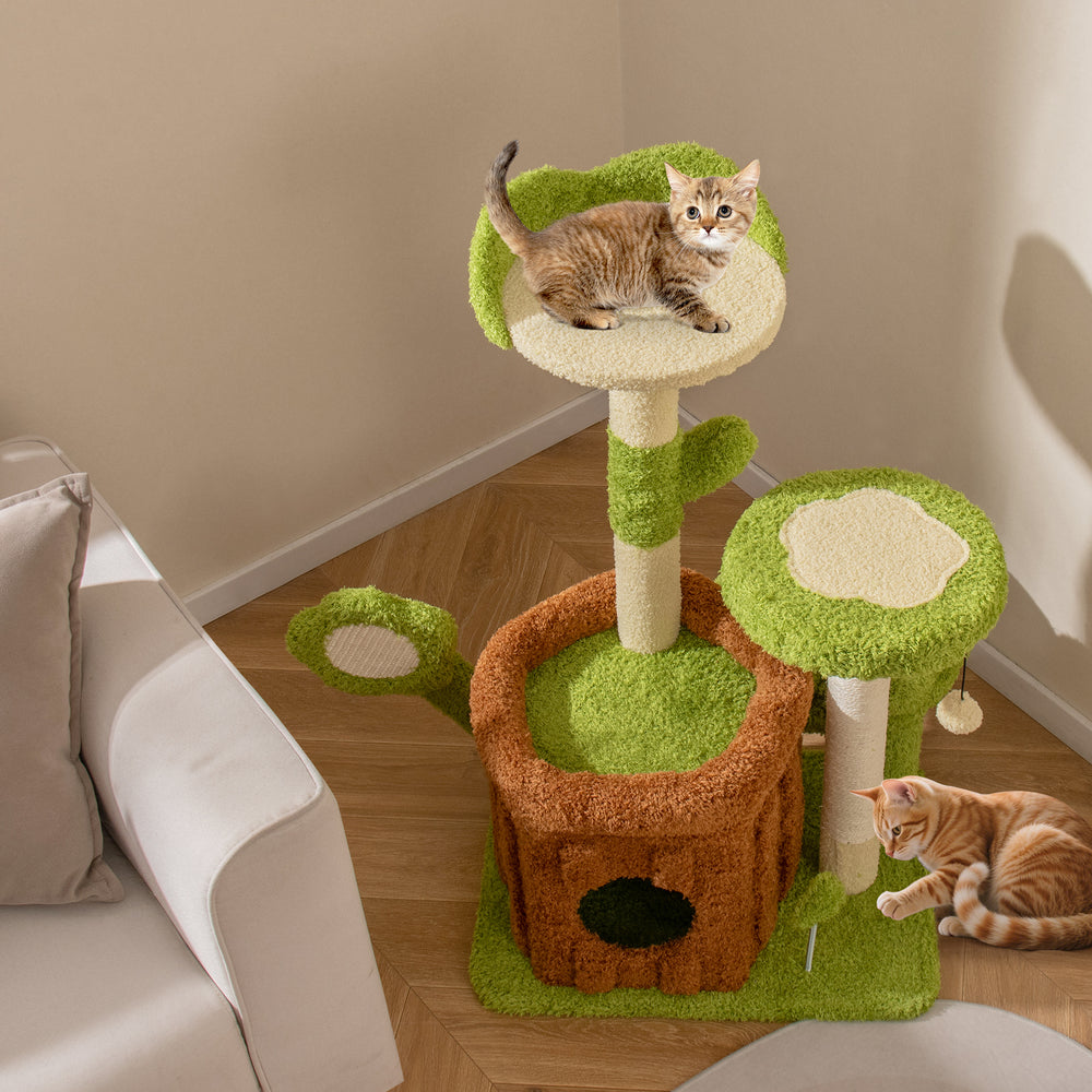 Cat tree activity center in green with flower perch, trunk condo, and scratching post for indoor play and relaxation.