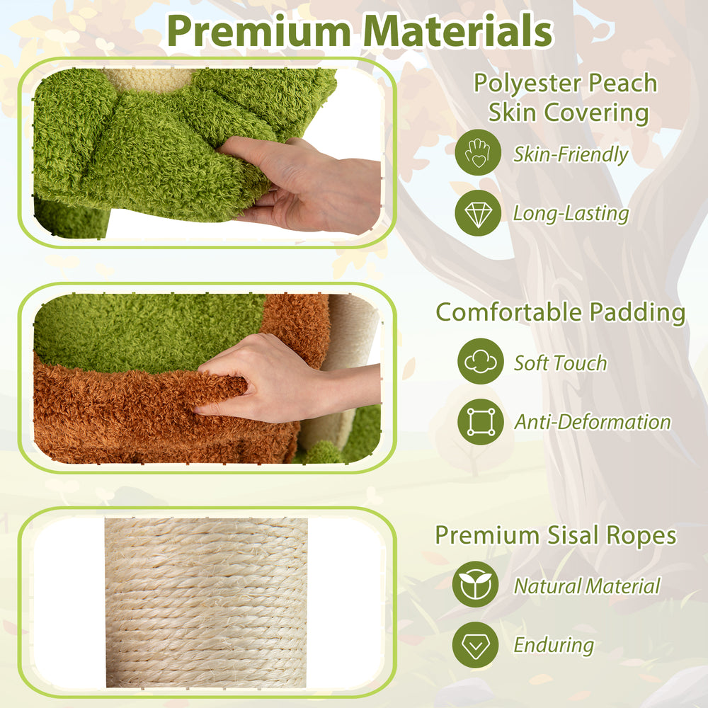Close-up of the soft polyester peach skin covering on the Cute Cat Tree Indoor Pet Jungle Activity Center in green.