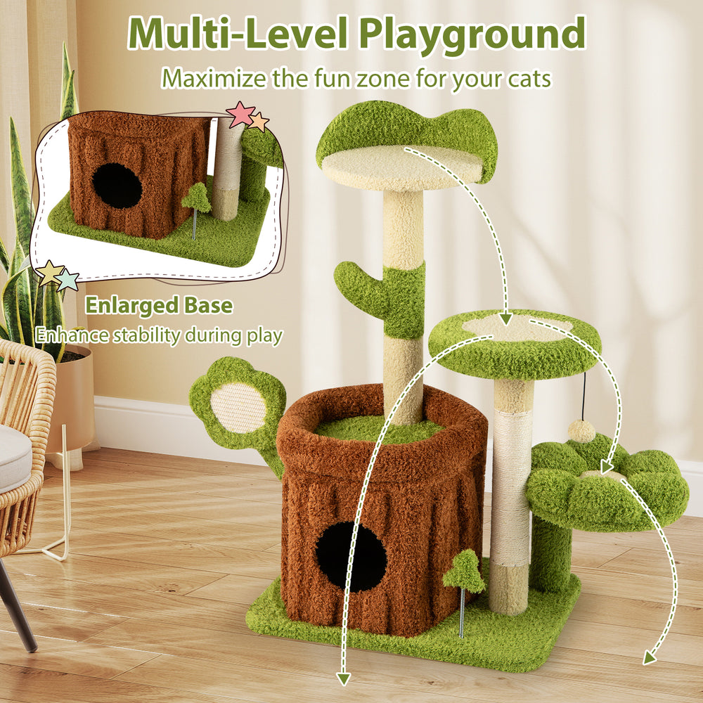 Multi-level cat tree in green with trunk condo, padded perch, and scratching posts for indoor play and relaxation.