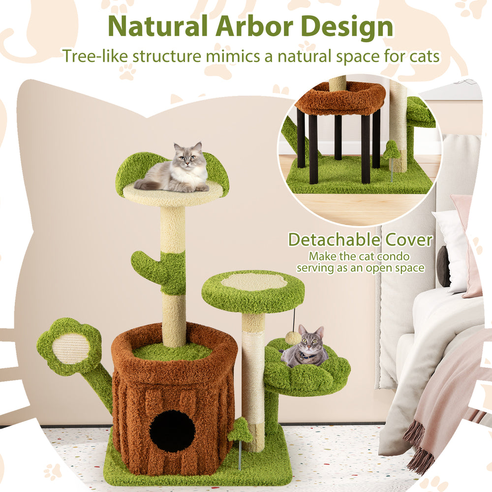 Cat tree with trunk-style condo, detachable cover, and flower perch for indoor play and relaxation in green.