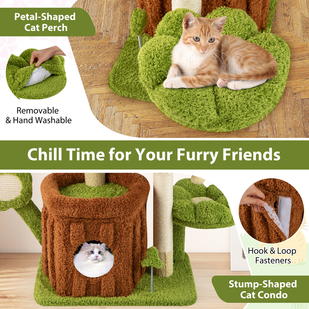 Petal-shaped perch and trunk-style condo of the green cat tree, designed for indoor play and relaxation for cats.