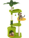 Multi-level green cat tree with plush surfaces, sisal scratching posts, and two playful cats enjoying the platforms.