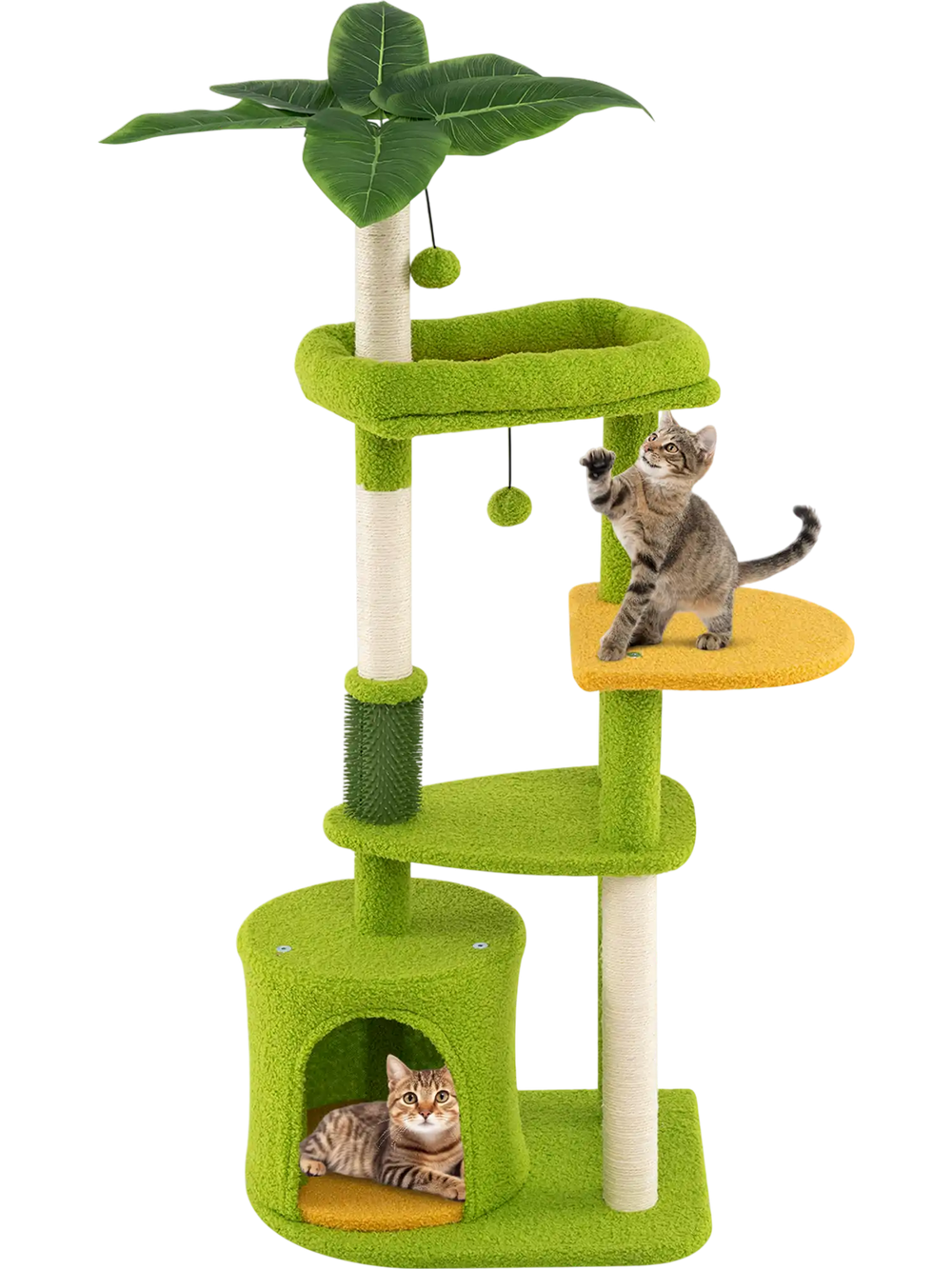 Multi-level green cat tree with plush surfaces, sisal scratching posts, and two playful cats enjoying the platforms.