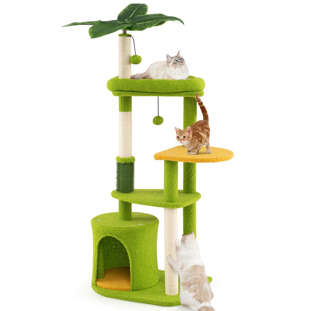 Green multi-level cat tree with two dangling balls, spacious condo, and soft plush surfaces for adult cats to relax and.