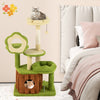 Multi-level green cat tree with trunk condo, flower perch, and scratching post for adult cats' comfort and play.