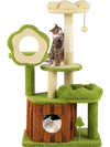 Multi-level cute cat tree in green with trunk condo, flower perch, and scratching post for adult cats' play and rest.