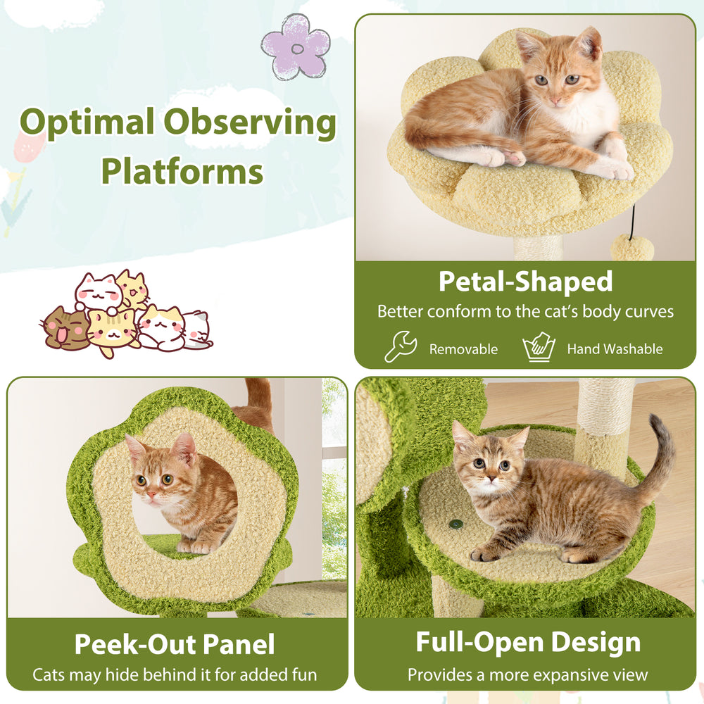 Petal-shaped flower perch on a green cat tree, featuring a removable, washable cover for easy cleaning and comfort.