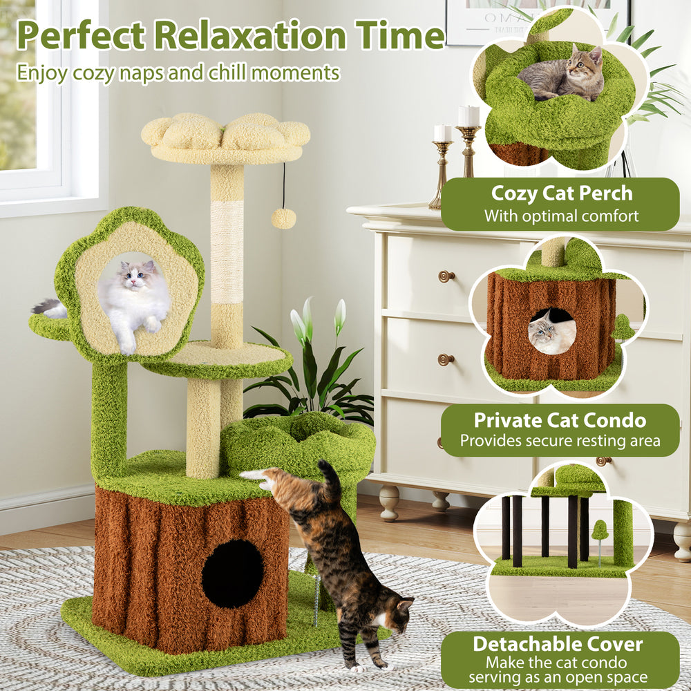 Multi-level cute cat tree in green with trunk condo, flower perch, and scratching post for adult cats' relaxation.