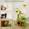 Multi-level cat tree in green with scratching post, flower perch, and cozy condo for adult cats to play and relax.