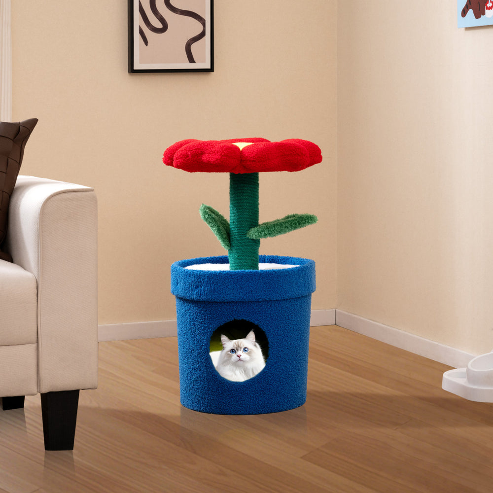 Flower-shaped padded perch cat tree in red and blue, featuring a cozy condo for indoor cats and removable cushion.