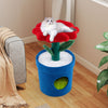 Flower-shaped cat tree with padded perch and blue planter condo, designed for indoor cats' comfort and play.