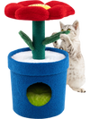 Cat tree featuring a red flower perch and blue planter-shaped condo, designed for indoor cats' comfort and play.
