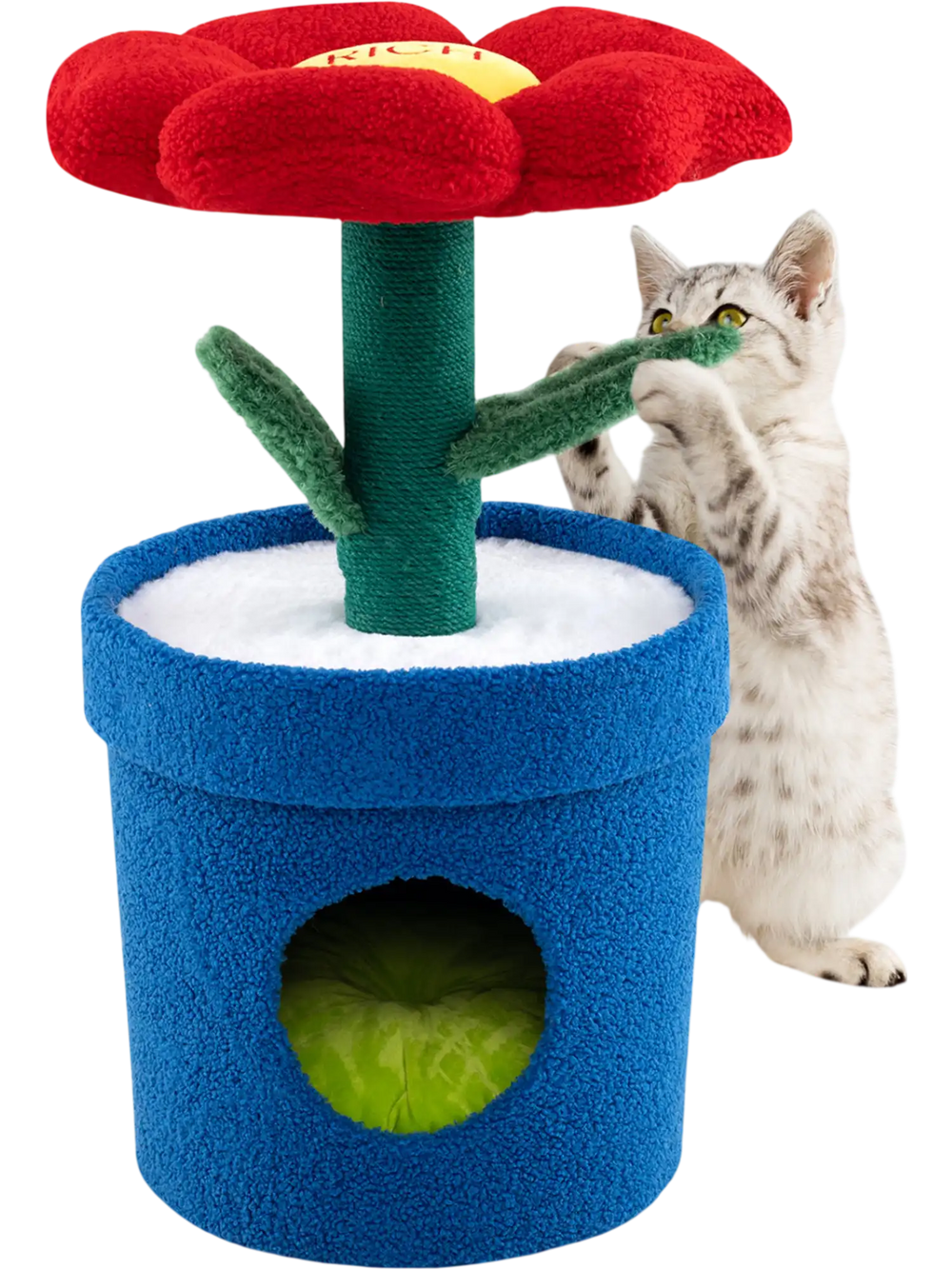 Cat tree featuring a red flower perch and blue planter-shaped condo, designed for indoor cats' comfort and play.