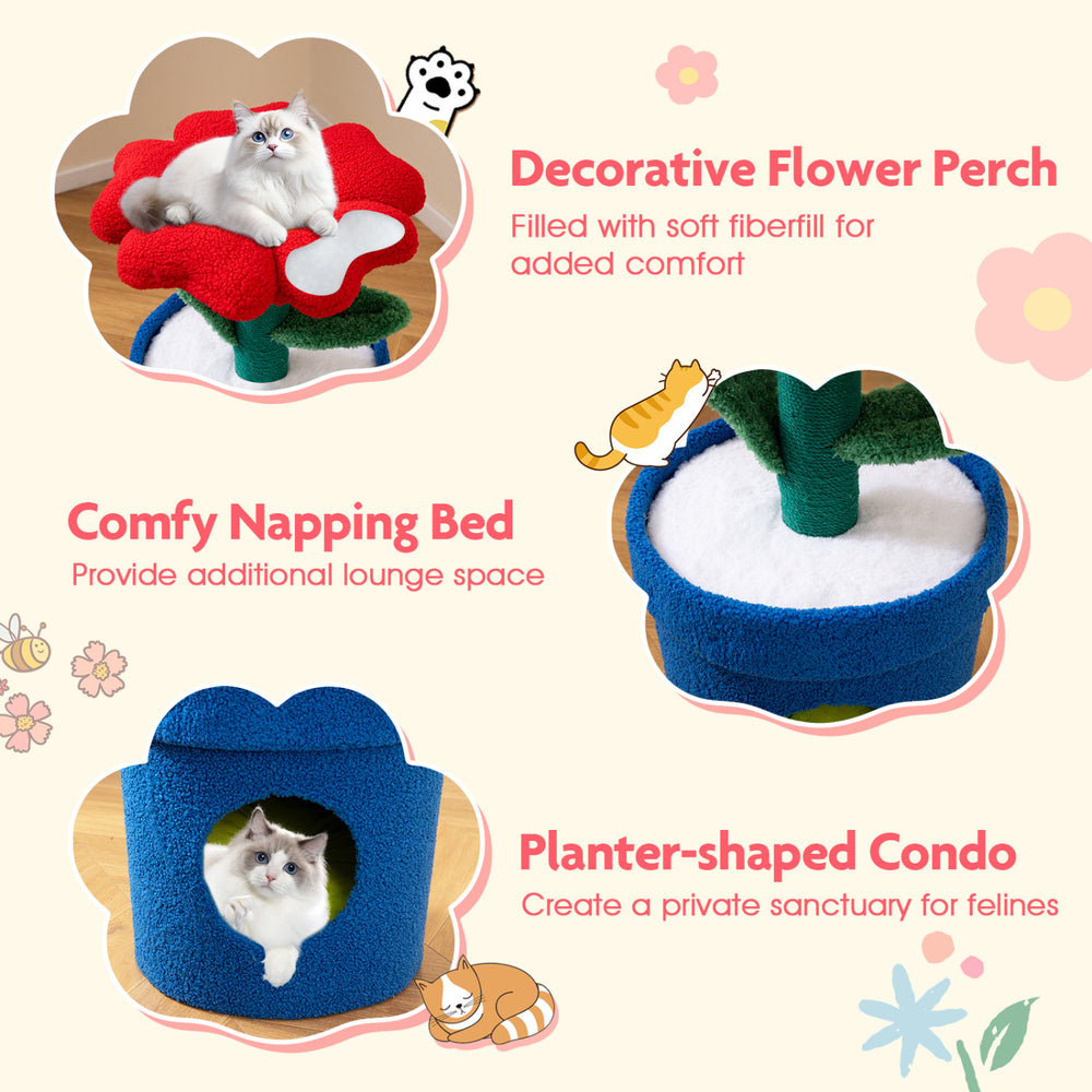 Flower-shaped perch with soft fiberfill, comfy napping bed, and planter-shaped condo for indoor cats.