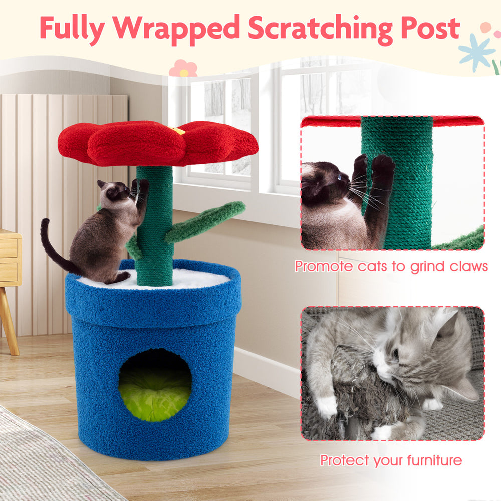 Cute cat tree with flower perch, blue planter base, and fully wrapped scratching post for indoor cats' comfort and play.