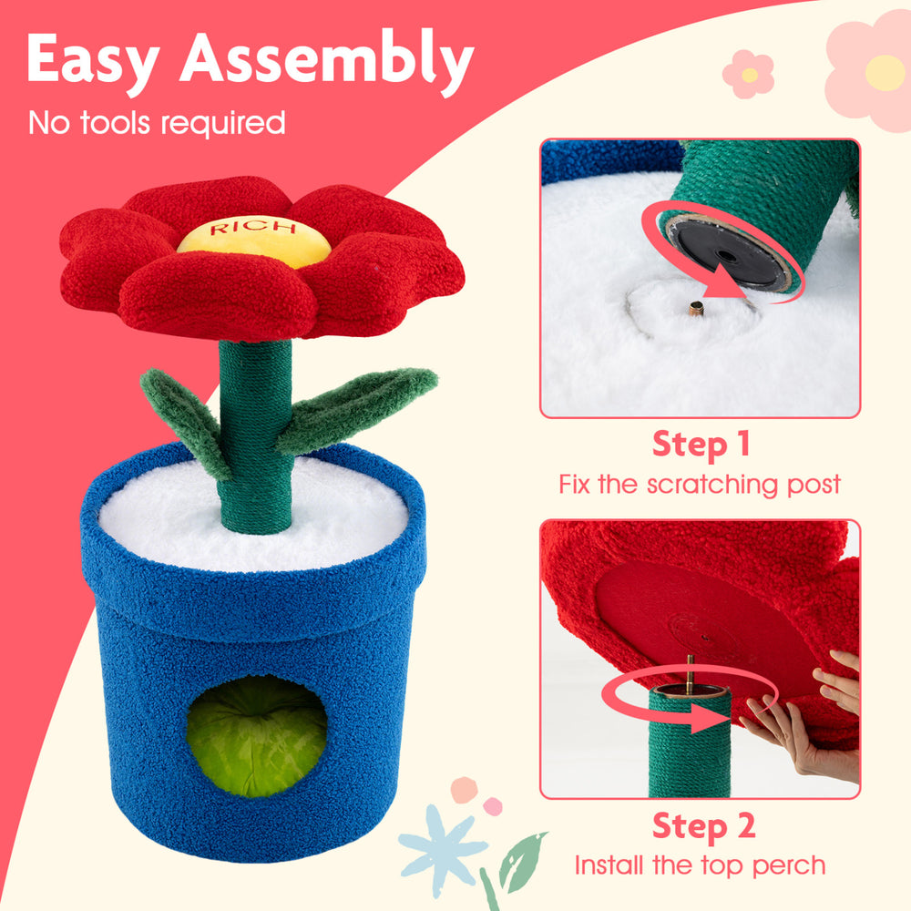 Cute cat tree featuring a flower padded perch, soft fiberfill, and a planter-shaped condo for indoor cats.