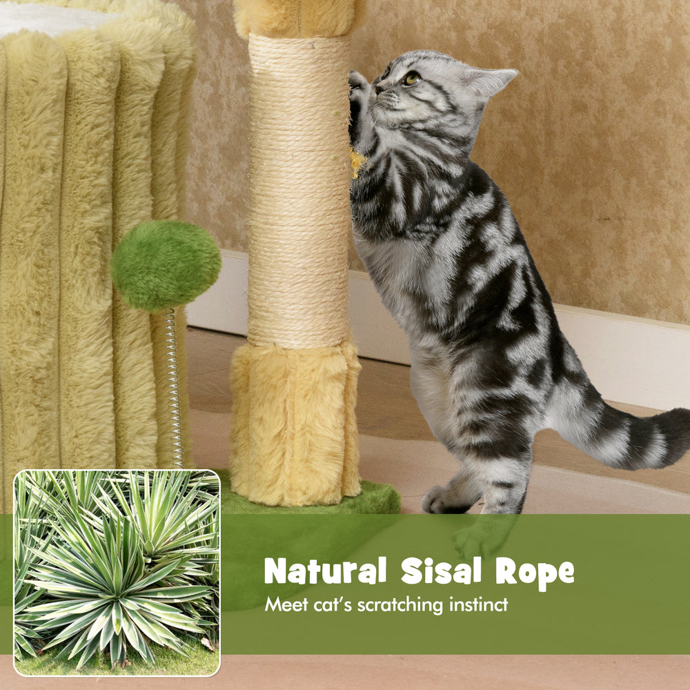Cat tree featuring natural sisal scratching posts and a plush top perch, perfect for feline play and relaxation.
