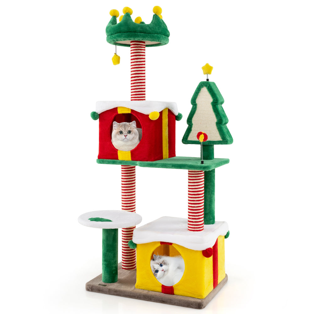 Multicolor Christmas cat tree with gift box condos, scratching posts, and plush toys for indoor cats' fun and.