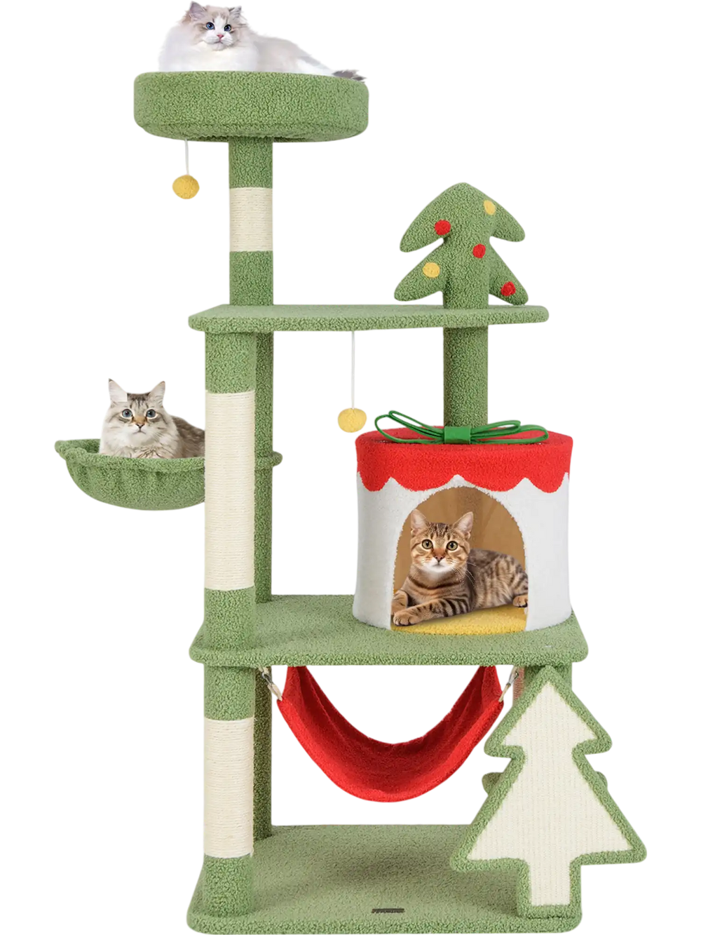 Cute Christmas cat tree in green with sisal scratching posts, gift box condo, and cozy hammock for playful felines.