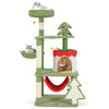 Cute Christmas cat tree in green with sisal scratching posts, gift box condo, and hammock for feline relaxation.