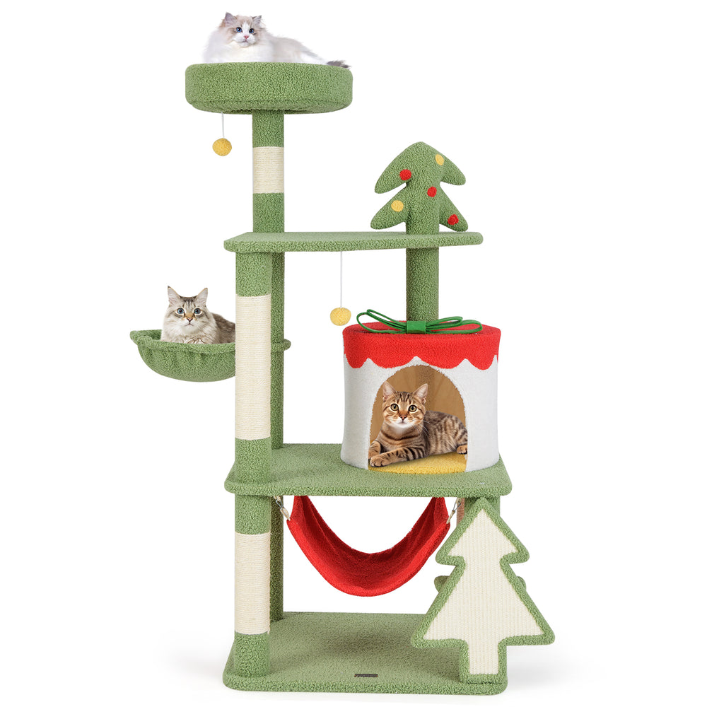 Cute Christmas cat tree in green with sisal scratching posts, gift box condo, and hammock for feline relaxation.