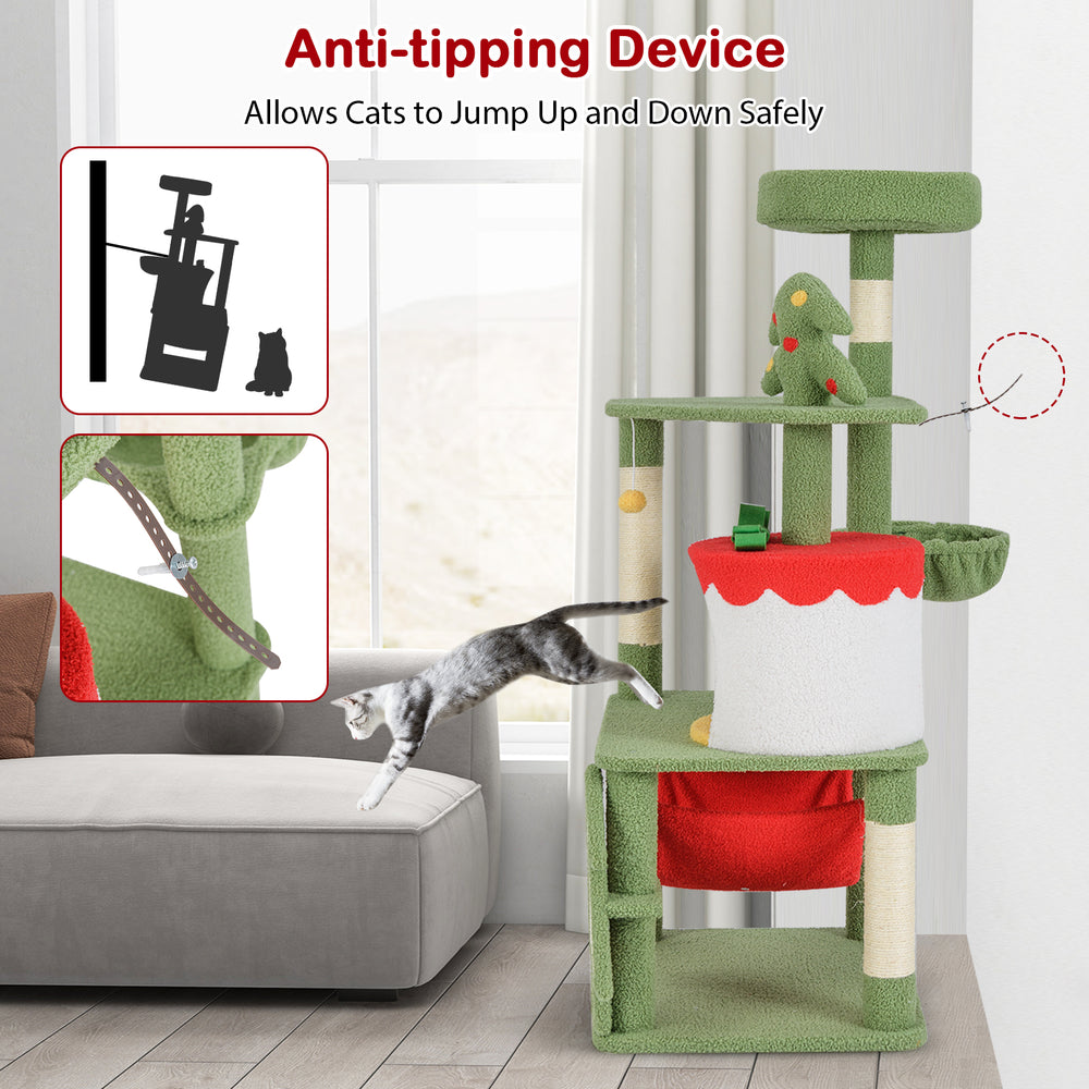 Cute Christmas cat tree in green with gift box condo, sisal scratching posts, and anti-tipping device for feline safety.