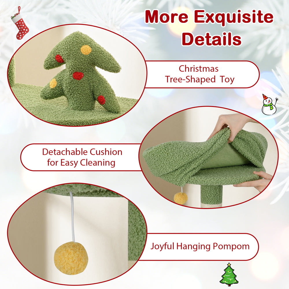Christmas tree-shaped toy with detachable cushion, sisal scratching posts, and cozy gift box condo for cats.
