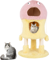 Cute monster-themed cat tower in yellow with two condos, plush fabric, and hanging toys for playful cats.