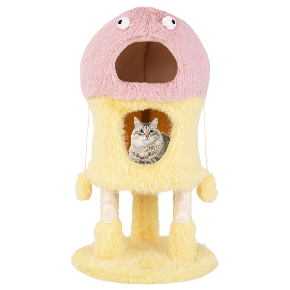 Cute monster-themed cat tower in yellow with two condos, sisal scratching post, and plush hanging toys for playful cats.