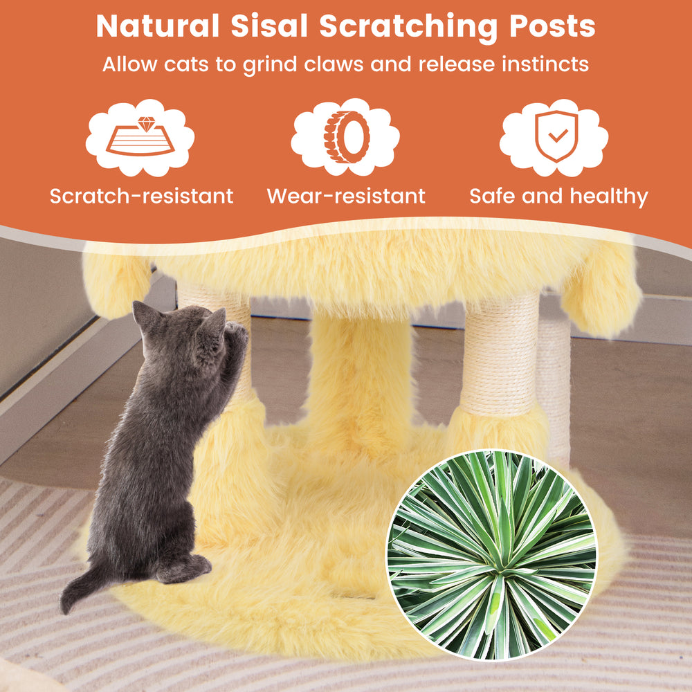 Cute monster-themed cat tower in yellow featuring sisal scratching posts and two cozy condos for playful kittens.
