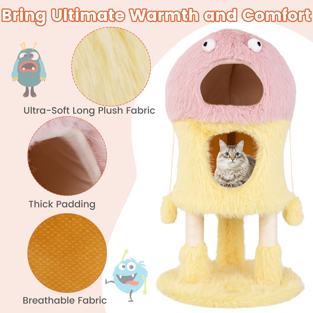 Cute monster-themed cat tower in yellow with two condos, plush fabric, and sisal scratching post for playful cats.