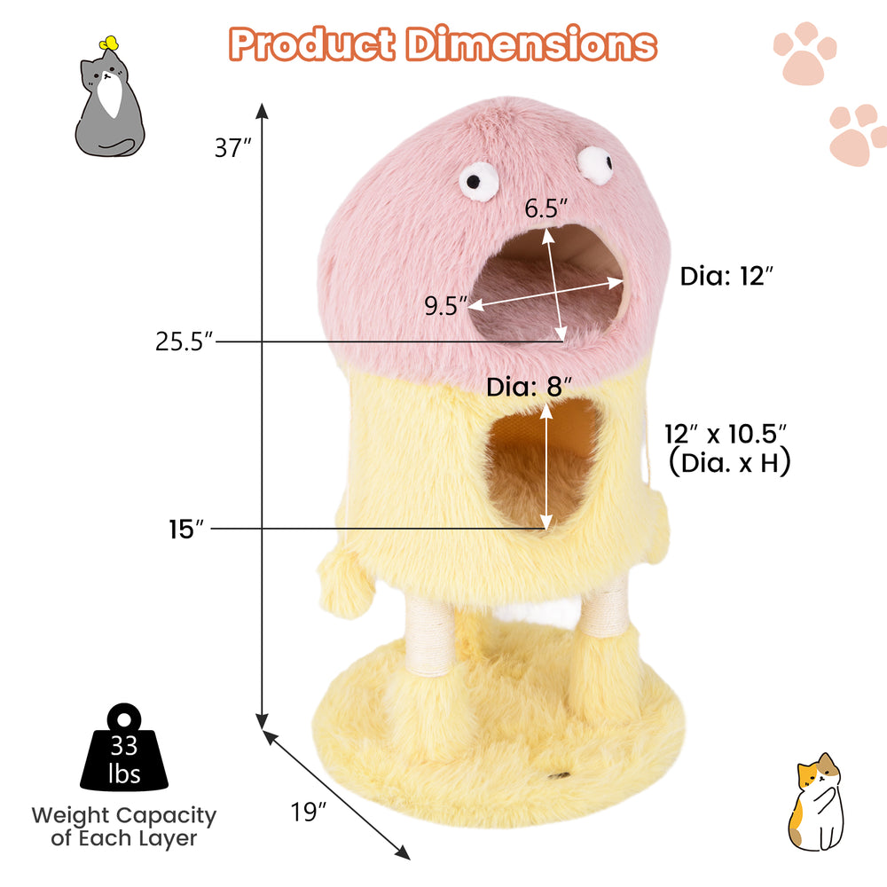 Cute monster-themed cat tower in yellow with 2 condos, sisal scratching post, and plush toys for playful cats.