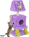 Purple monster-themed cat tower with two cozy condos, sisal scratching post, and plush hanging toys for playful cats.