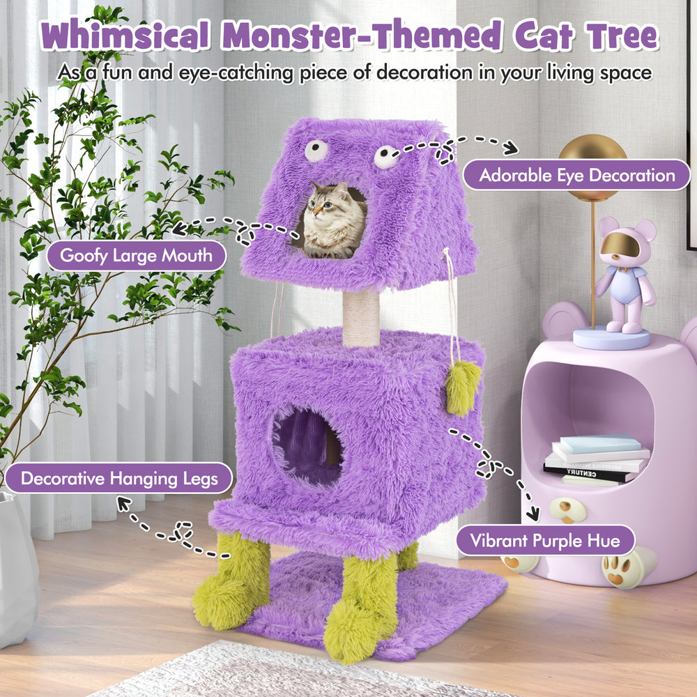 Whimsical purple monster-themed cat tower with two cozy condos, plush fabric, and playful hanging toys for cats.