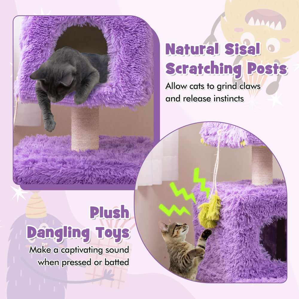 Purple cat tower featuring two cozy condos, sisal scratching post, and plush dangling toys for playful kittens.