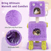 Cute monster-themed cat tower in purple with two condos, sisal scratching post, and plush fabric for ultimate comfort.