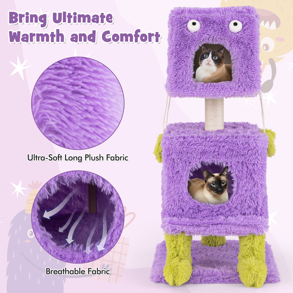 Cute monster-themed cat tower in purple with two condos, sisal scratching post, and plush fabric for ultimate comfort.