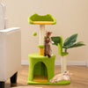 Cute Palm Cat Tree in green with scratching posts, interactive pompom, and spacious condo for indoor cats.