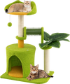 Cat tree with green teddy fleece, scratching posts, and palm leaves, featuring a cozy condo and interactive pompom for.