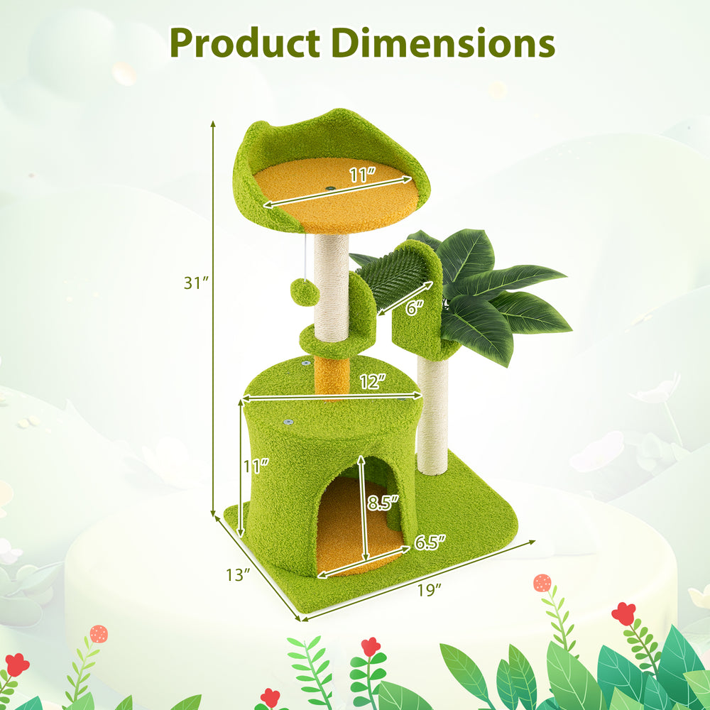 Dimensions of the Cute Palm Cat Tree in green, featuring a cat condo, scratching posts, and ear-shaped perch.