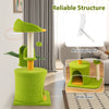 Cute palm cat tree in green with scratching posts, spacious condo, and interactive pompom for indoor cats.
