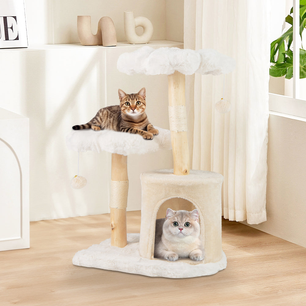 Cat tree with natural wood branches, plush surfaces, and sisal scratching posts, perfect for lounging and play.
