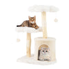 Cat tree with natural wood branches, plush platforms, and sisal scratching posts, perfect for lounging and play.