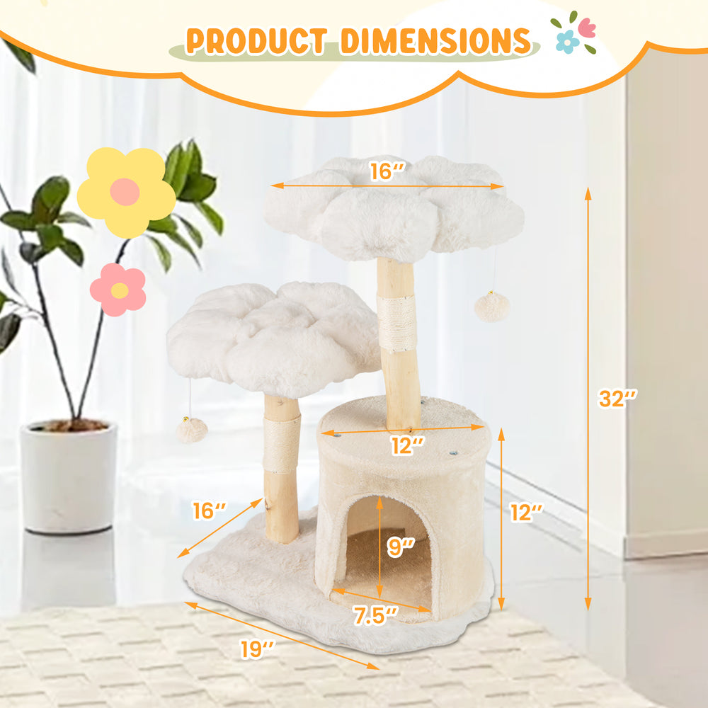 Cat tree with flower design, beige plush, natural wood branches, and sisal scratching posts, perfect for feline.