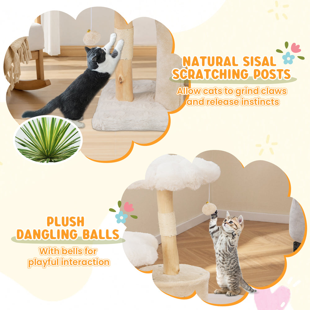 Natural sisal scratching posts on a beige cat tree, promoting claw grinding and playful interaction for cats.