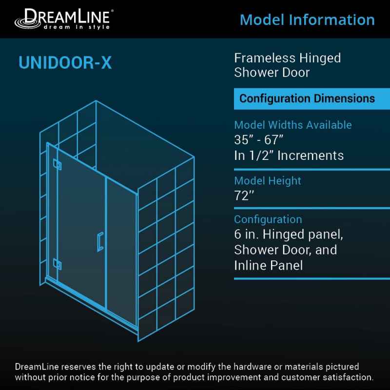DreamLine Unidoor-X Hinged Shower Door Frameless 37.5-38" W x 72" H New