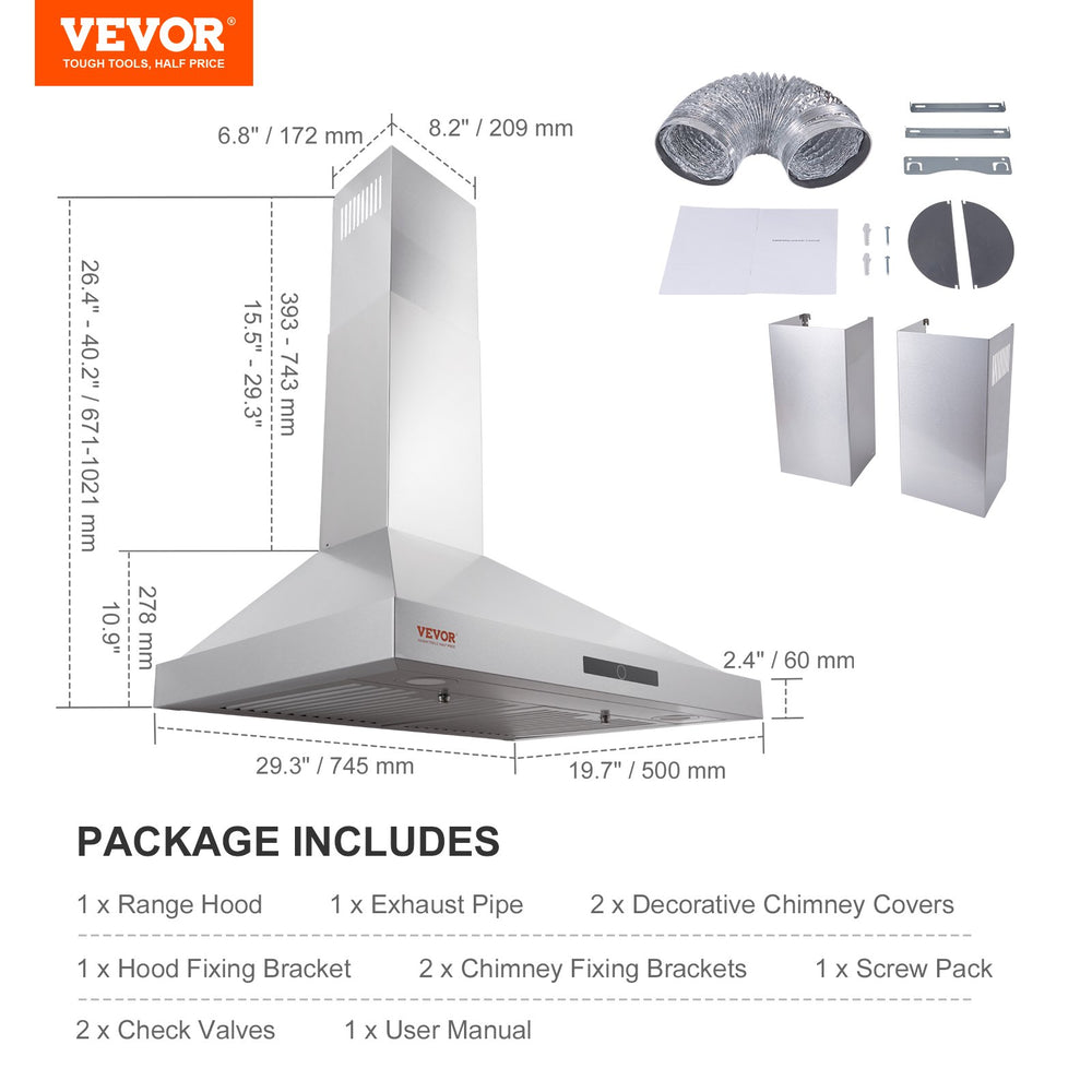 Vevor Wall Mount Range Hood Stainless Steel Ductless Vent with LED Lights Touch Control Panel 3-Speed New